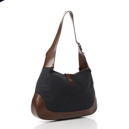 Gucci Canvas Calfskin Jackie O Hobo Navy Brown 3 of 14