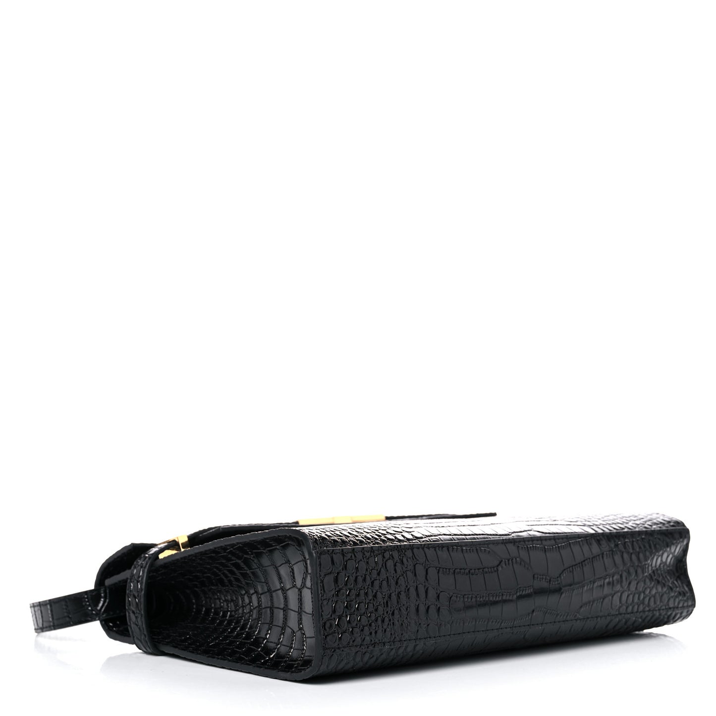 Shiny Calfskin Crocodile Embossed Manhattan Baguette Black