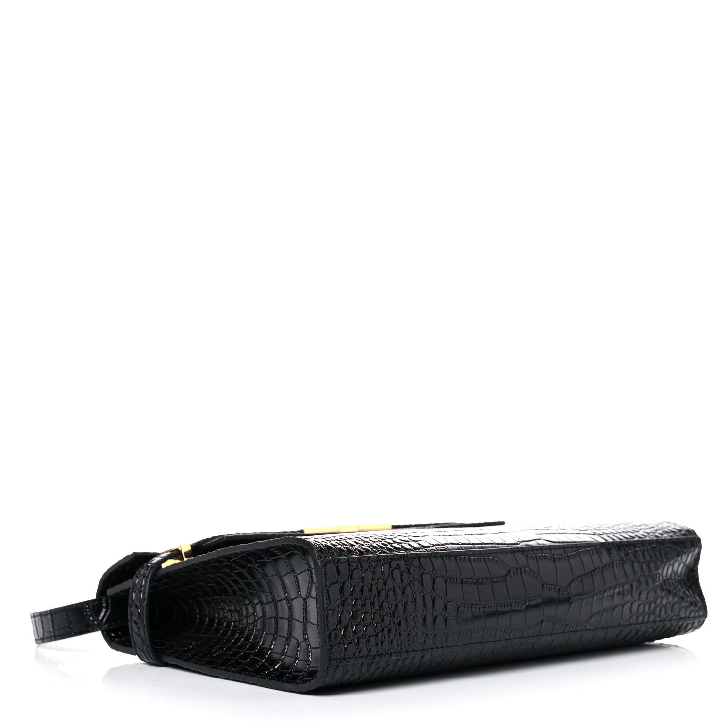 Saint Laurent Shiny Calfskin Crocodile Embossed Manhattan Baguette Black 4 of 11
