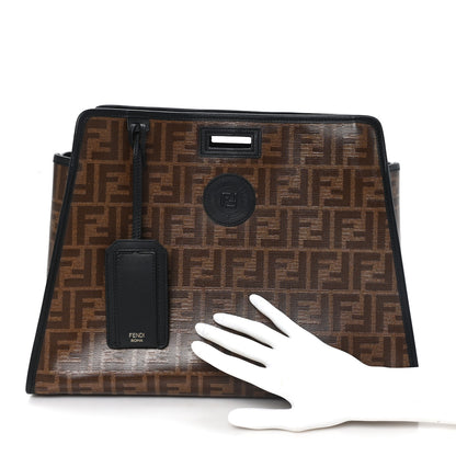 Fendi Glazed Fabric Vitello Century FF 1974 Stamp Patch Medium Peekaboo Defender Cover Mogano Panna Black 2 of 7