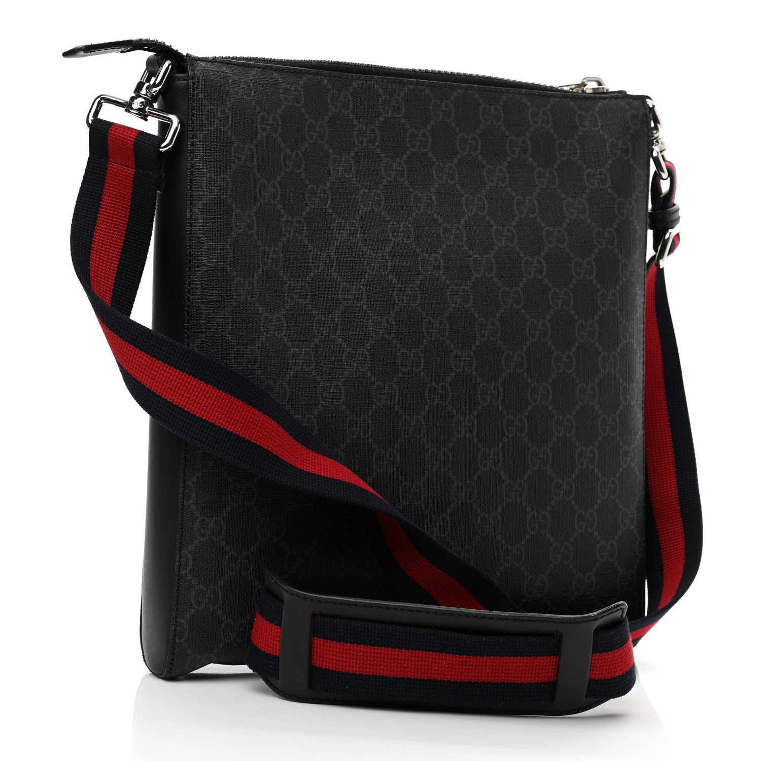 Gucci GG Supreme Monogram Appia Calfskin Web Flat Messenger Bag Black Grey 3 of 11