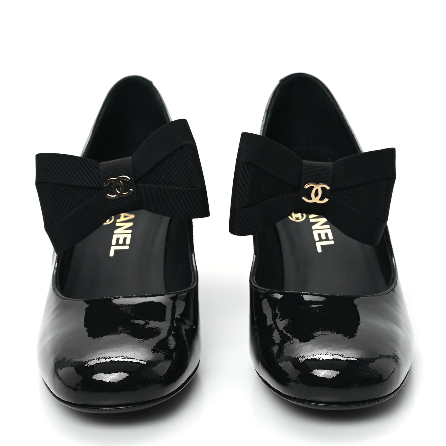 Patent Calfskin Grosgrain CC Mary Jane Pumps 38.5 Black