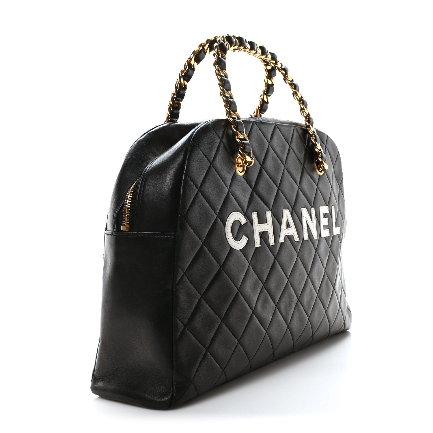 Chanel Lambskin Quilted Logo Duffel Bag Black White 3 of 10