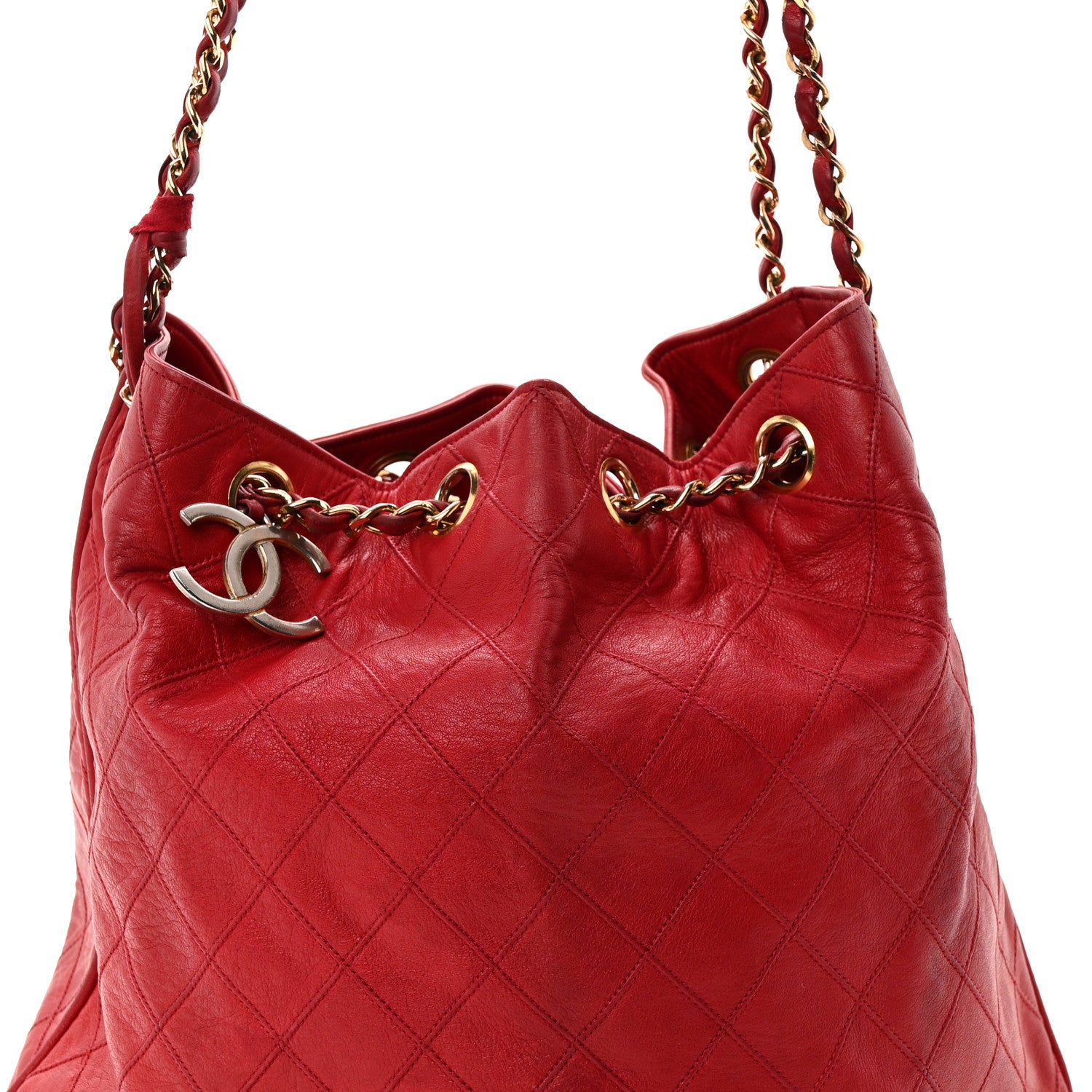Chanel Lambskin Diamond Stitched CC Drawstring Shoulder Bag Red 9 of 16