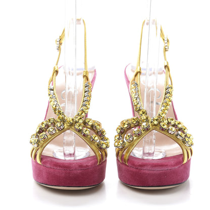 Gucci Velvet Nappa Crystal Zephyra Slingback Platform High Heel Sandals 35.5 Pink Gold 2 of 8