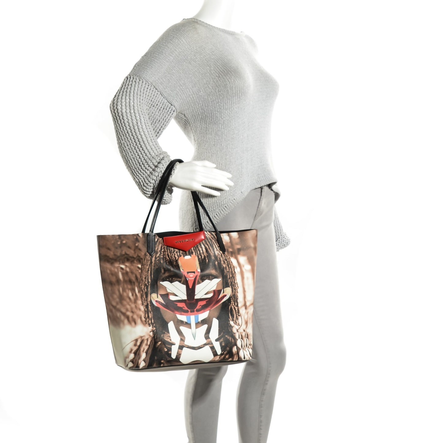 Textured Coated Canvas Tribal Girl Print Large Antigona Tote Multicolor