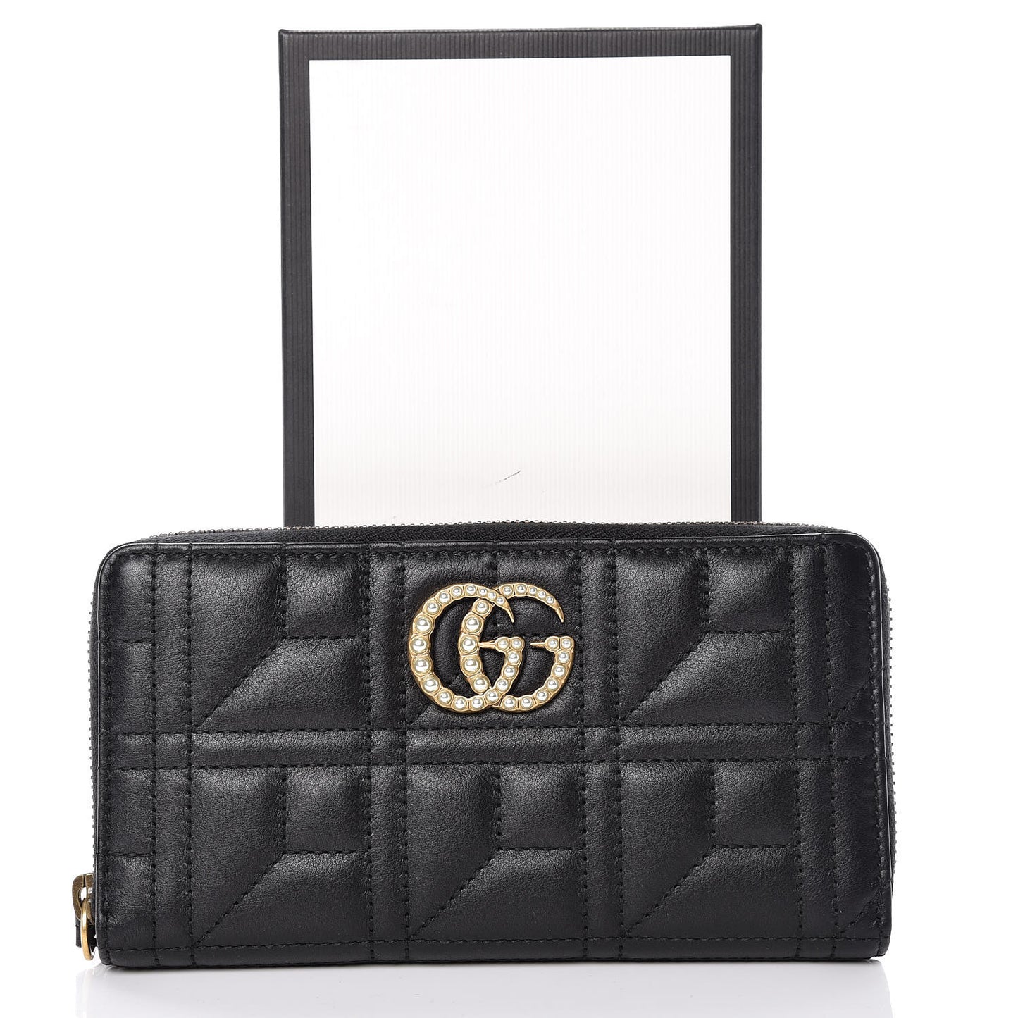 Calfskin Matelasse Pearly GG Marmont Zip Around Wallet Black