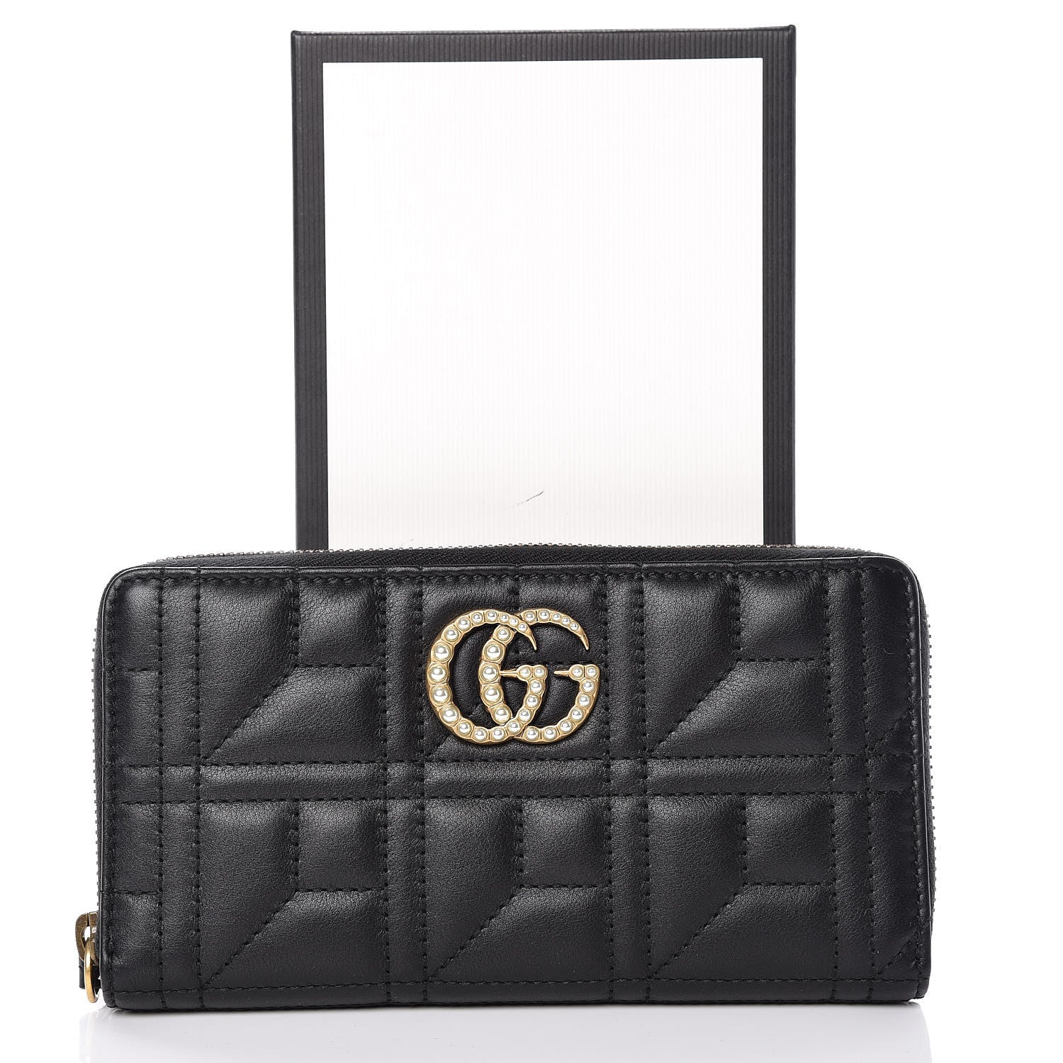 Gucci Calfskin Matelasse Pearly GG Marmont Zip Around Wallet Black 10 of 10