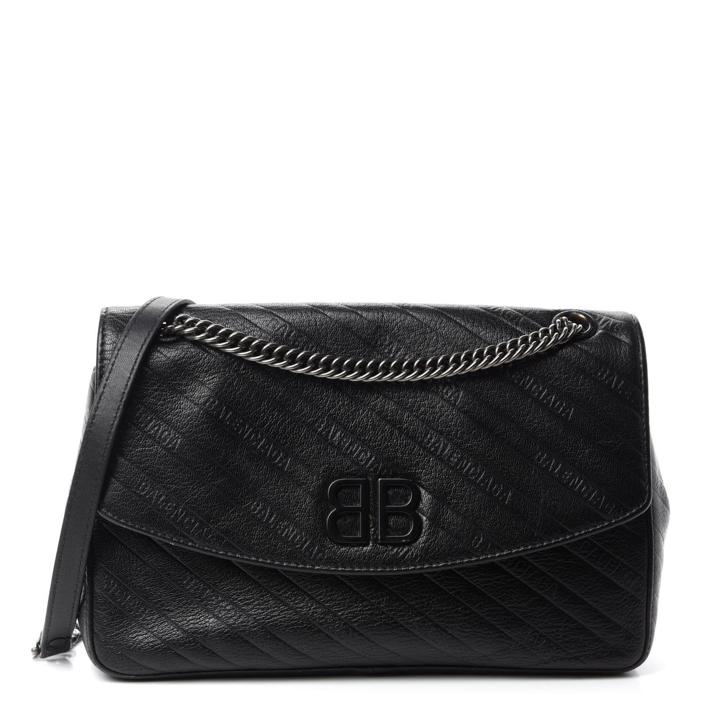Shiny Goatksin Logo Embossed Monochrome M BB Round Shoulder Bag Black