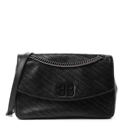 Balenciaga Shiny Goatksin Logo Embossed Monochrome M BB Round Shoulder Bag Black 1 of 11