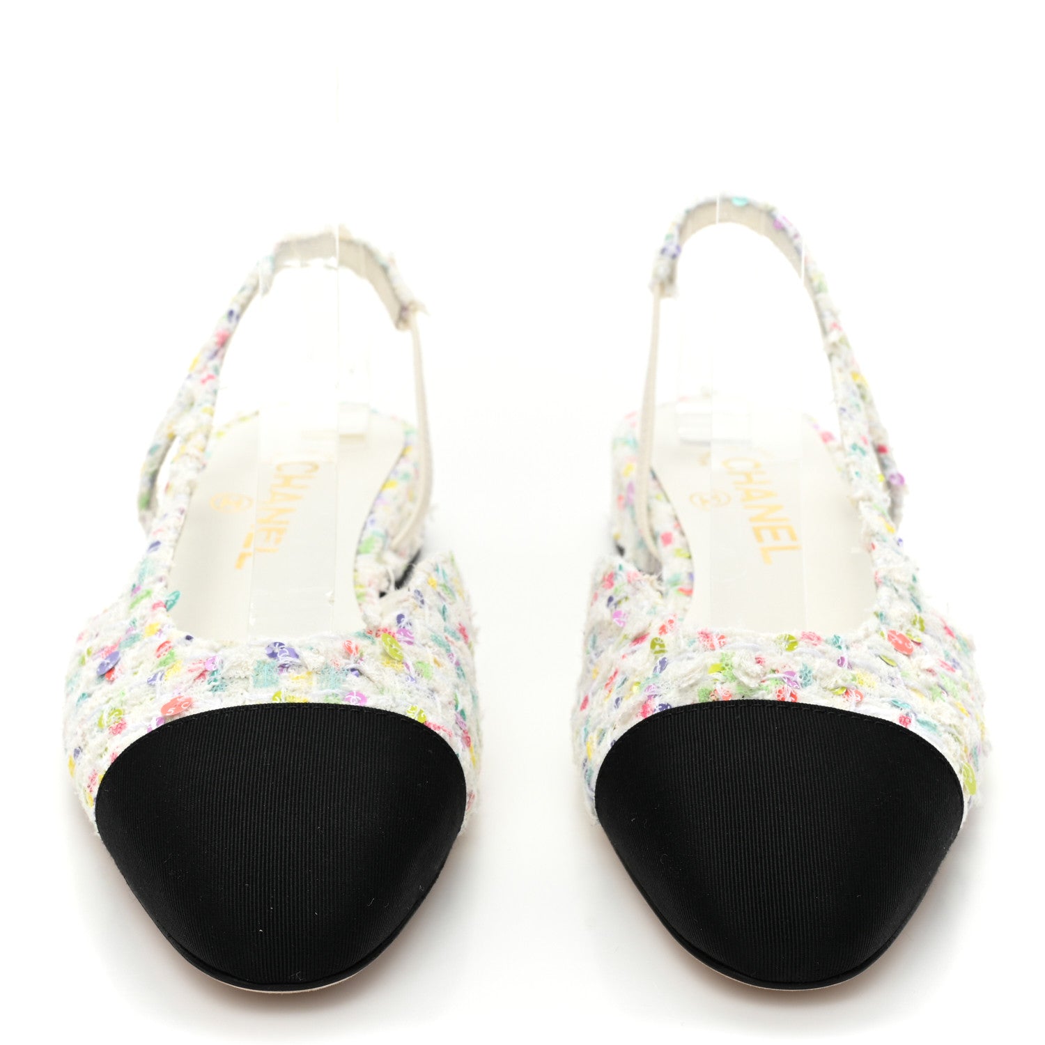 Chanel Tweed Grosgrain Toe CC Slingback Flat 36.5 White Multicolor Black 2 of 8