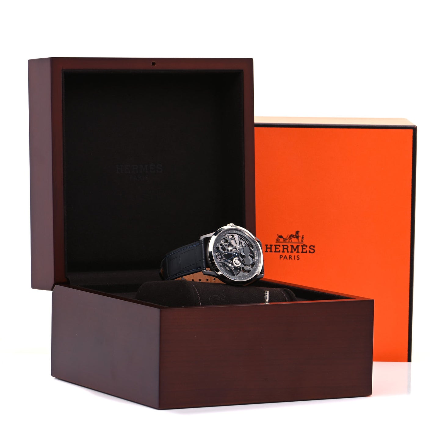 Platinum Titanium Alligator 39.5mm Slim d'Hermes Squelette Lune Automatic Watch Graphite