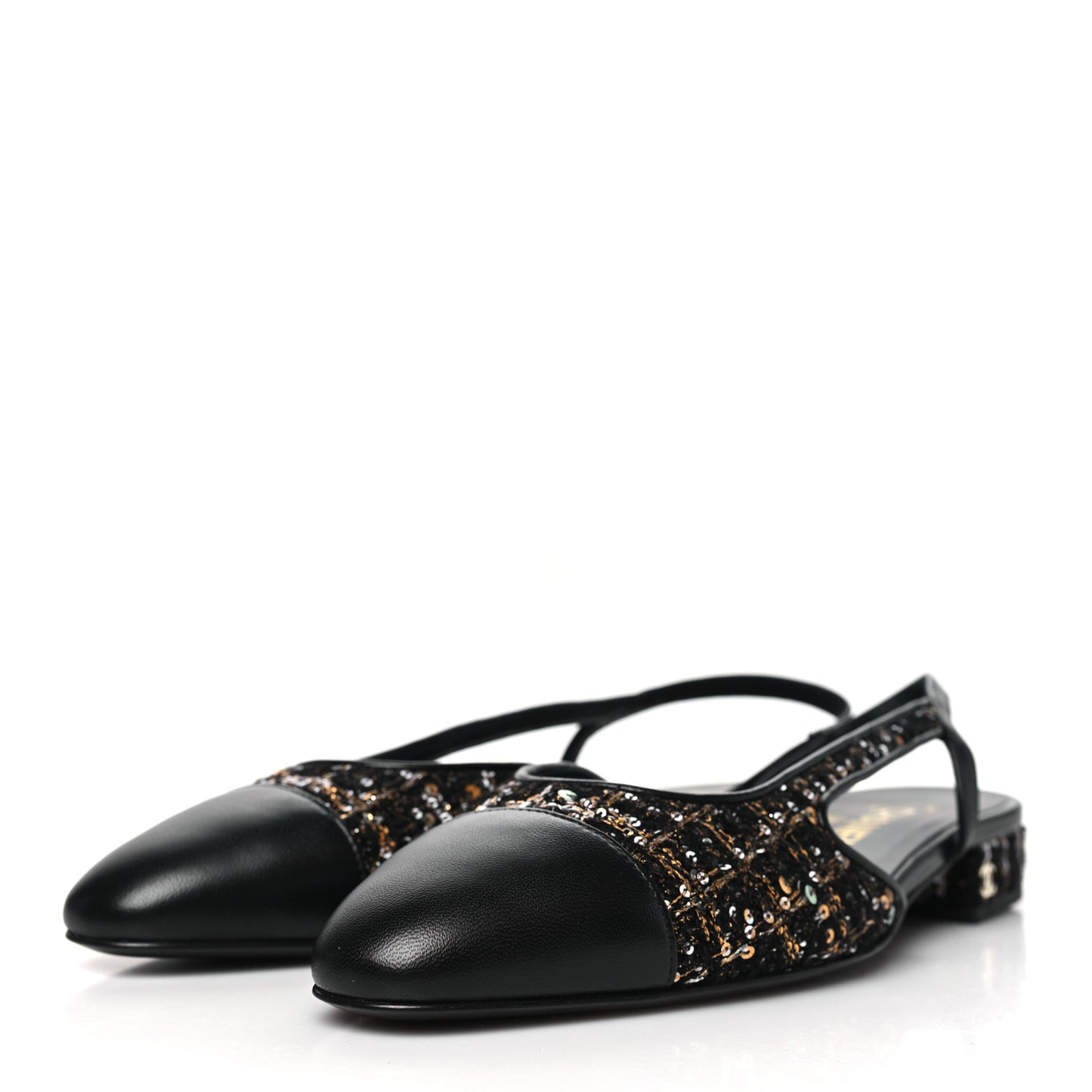Tweed Sequins Cap Toe CC Slingback Flats 38.5 Black White Gold