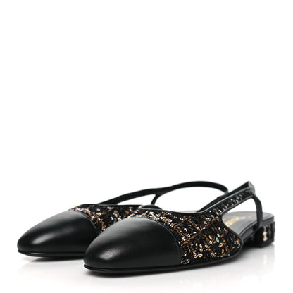 Chanel Tweed Sequins Cap Toe CC Slingback Flats 38.5 Black White Gold 3 of 10