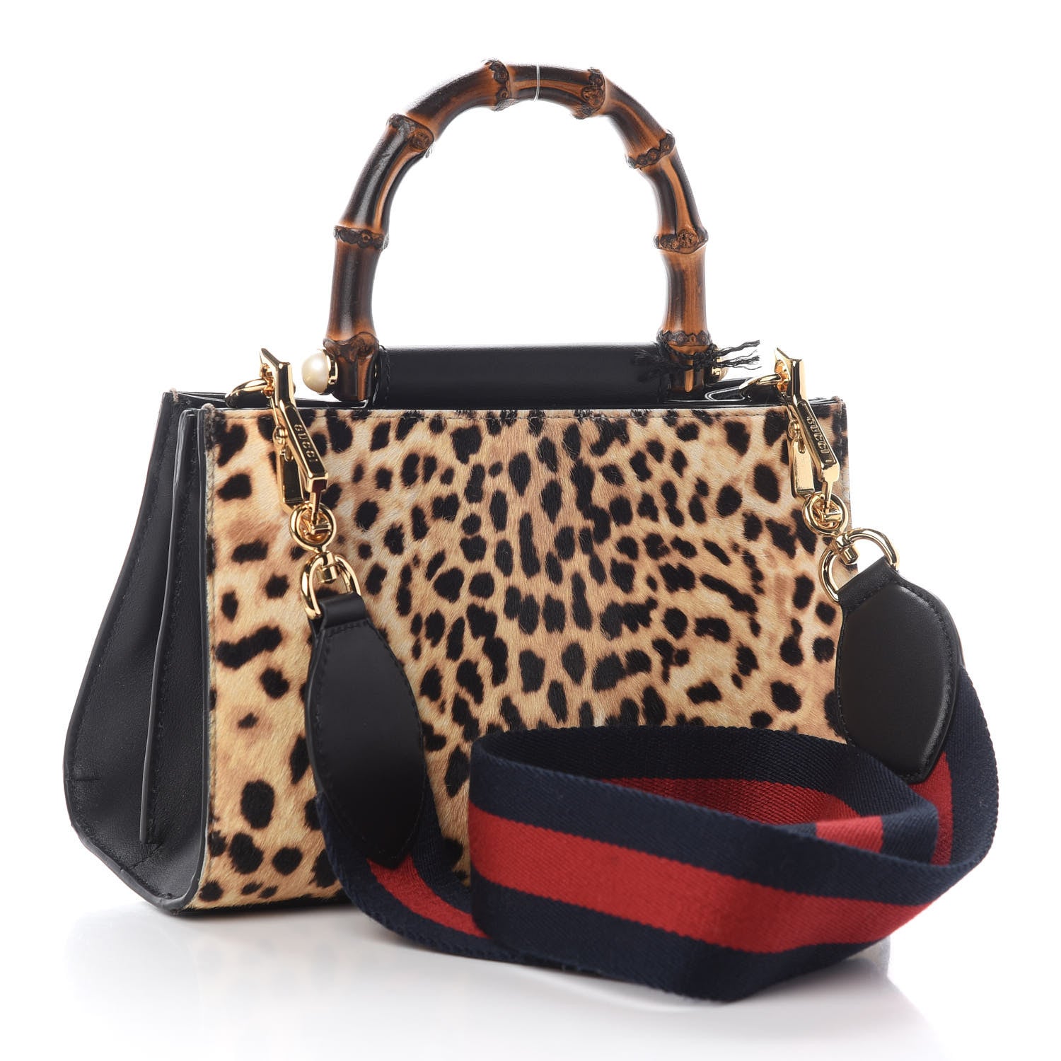Gucci Calf Hair Bamboo Web Leopard Print Mini Nymphaea Top Handle Bag 3 of 10