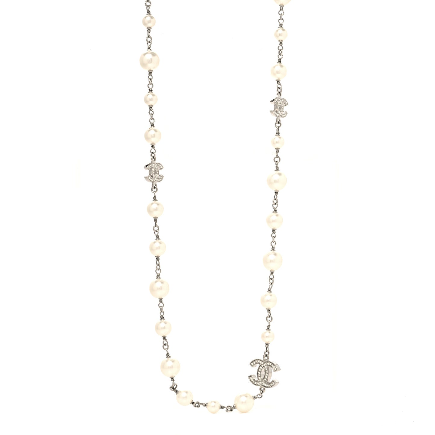 Graduated Pearl Crystal CC Long Necklace Silver