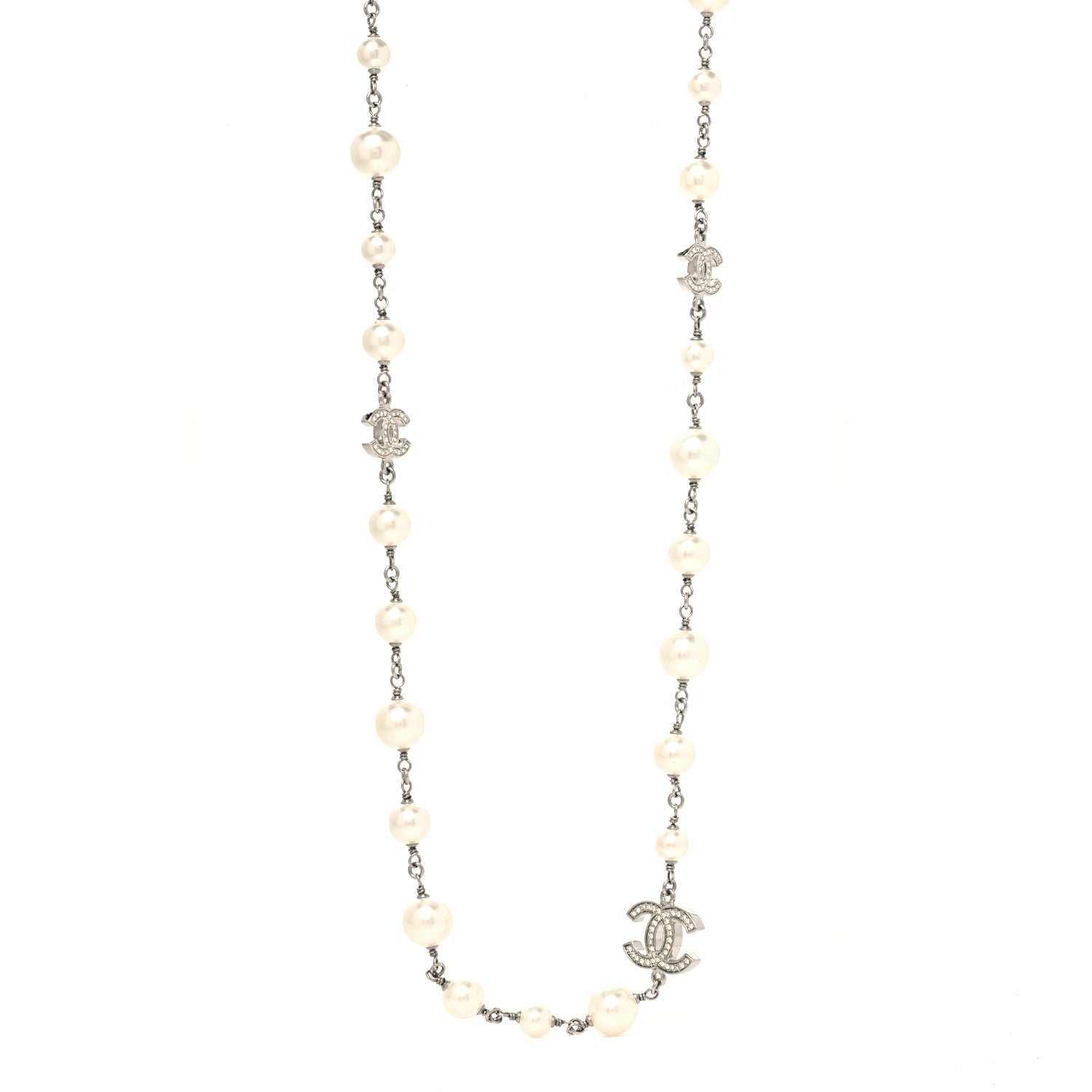 Chanel Graduated Pearl Crystal CC Long Necklace Silver 1 of 5