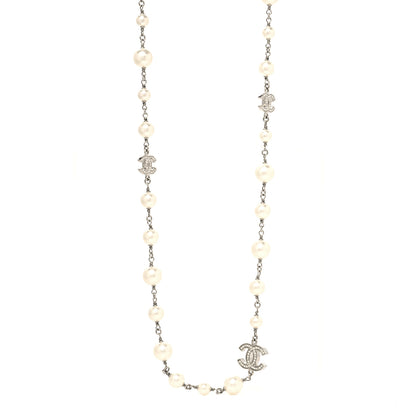 Chanel Graduated Pearl Crystal CC Long Necklace Silver 1 of 5