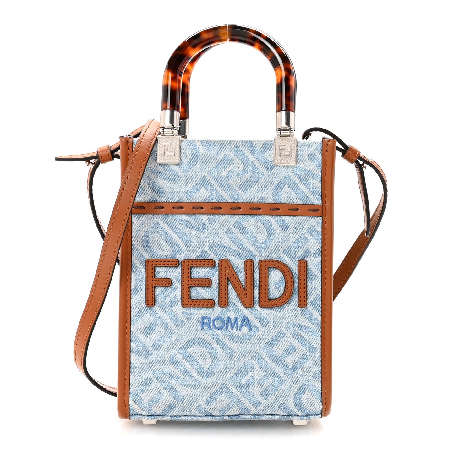 Denim Vitello King FF Embroidered Plexiglass Mini Sunshine Shopper Tote Blue Brown