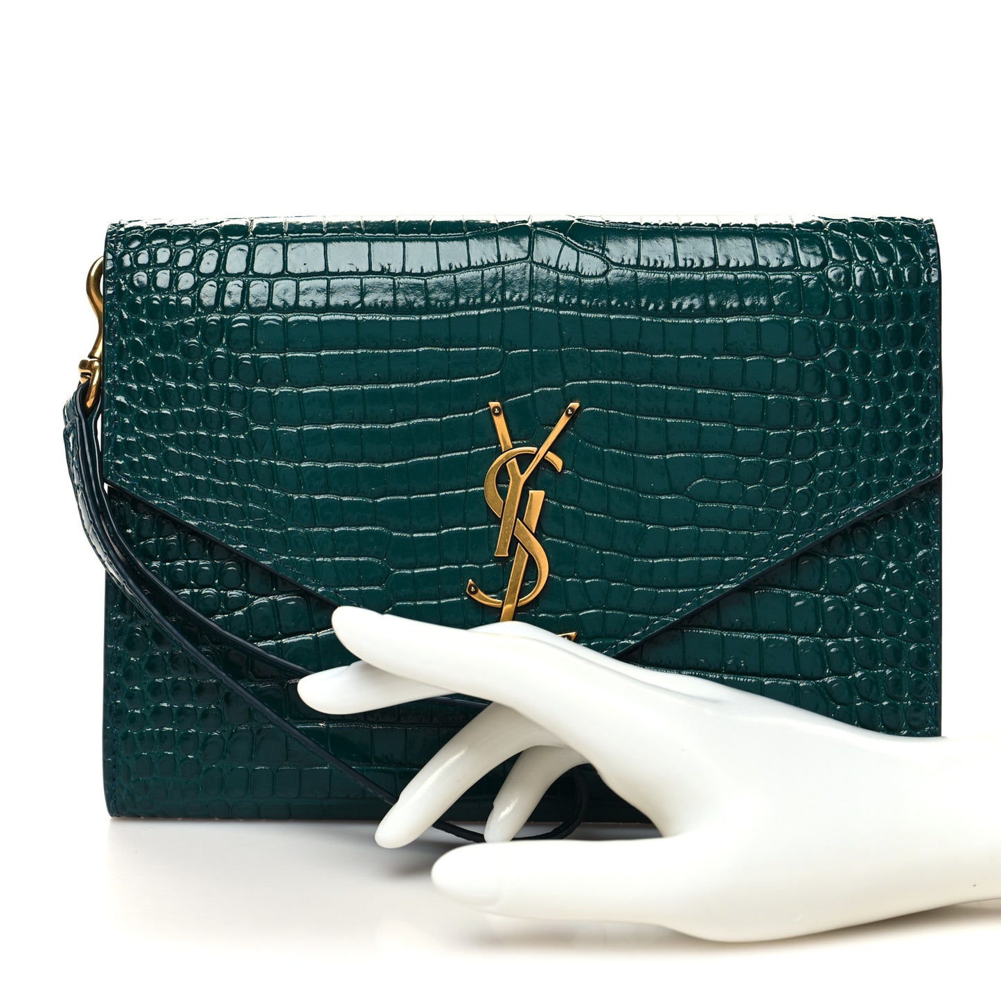 Calfskin Crocodile Embossed Monogram Cassandre Flap Pouch Foliage Green