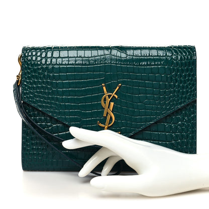Saint Laurent Calfskin Crocodile Embossed Monogram Cassandre Flap Pouch Foliage Green 2 of 10