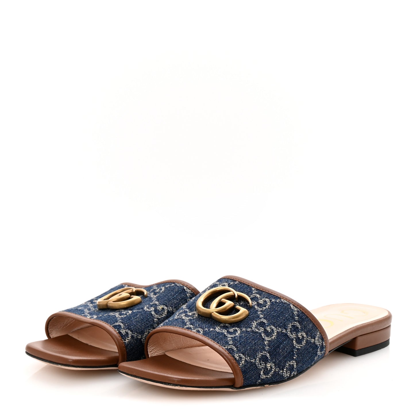 New Denim GG Monogram Miro Soft Calfskin Jolie Slide Sandals 37 Blue Tea Cuir Epilog