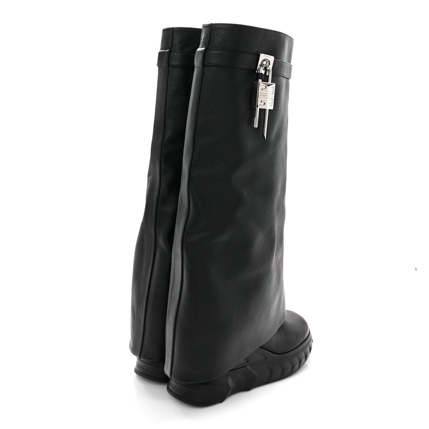 Grained Calfskin Shark Lock Biker Knee Boots 40 Black