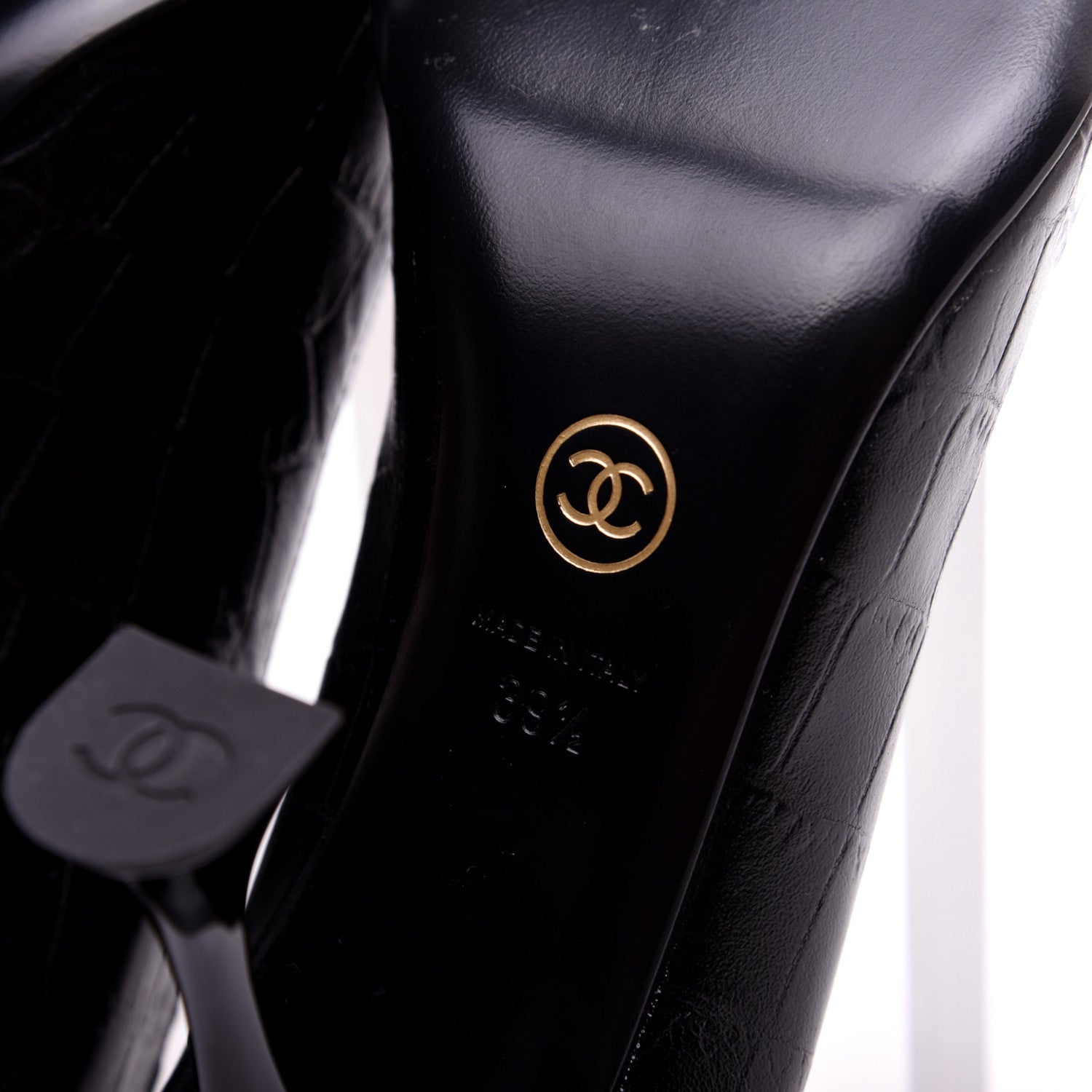 Chanel Crocodile Embossed Crumpled Patent Cap Toe Pumps 39.5 Black 11 of 13