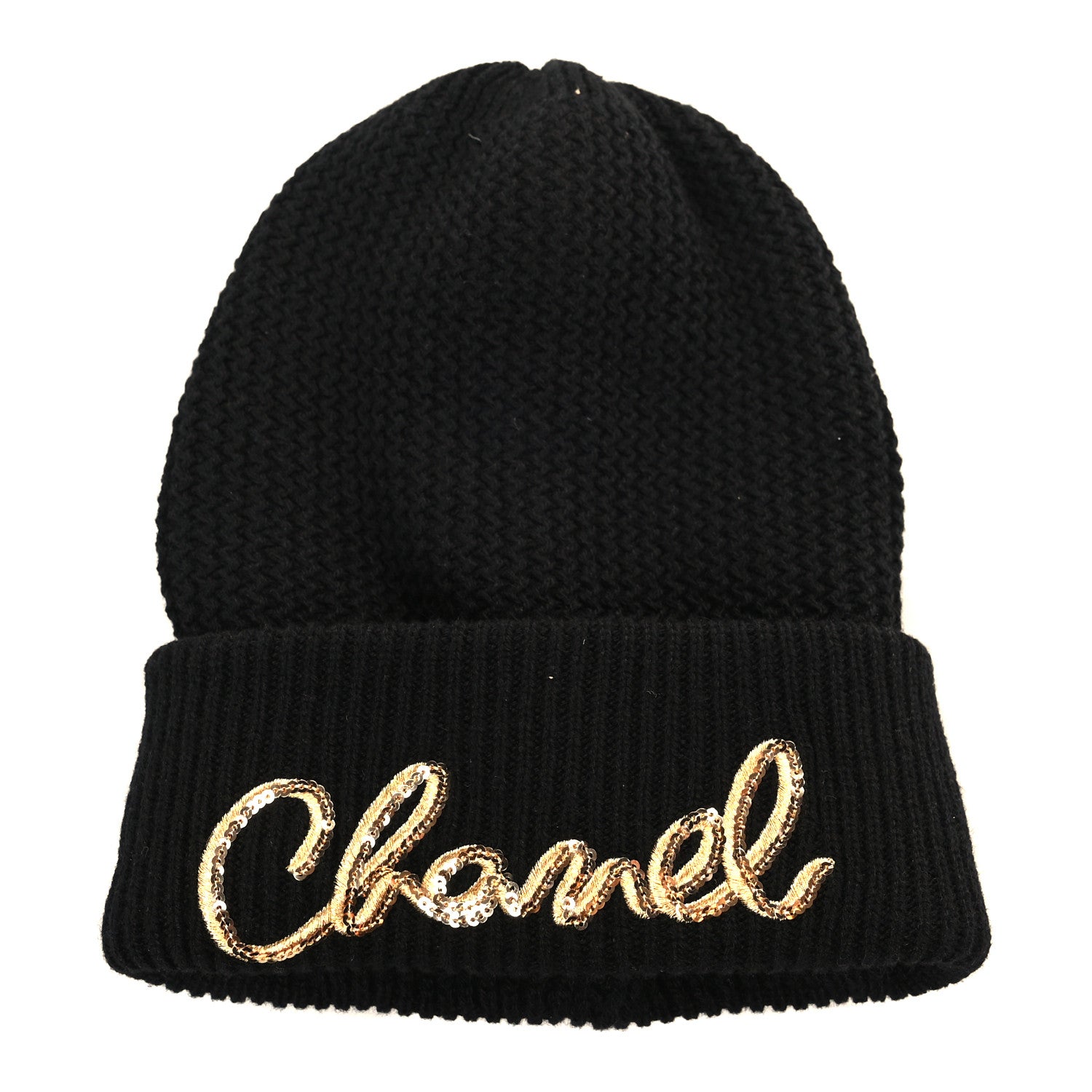 Chanel Cashmere Sequin Logo Beanie Hat Black Gold 1 of 3