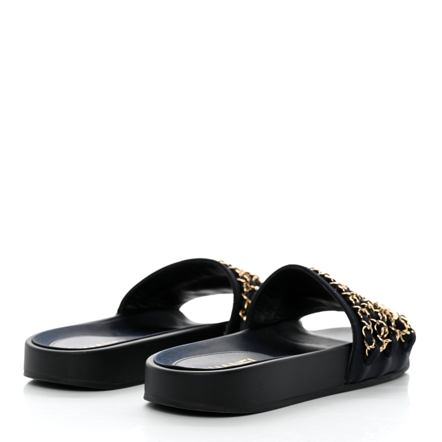 Chanel Satin Canvas Chain Slides Sandals Flats 38 Marine 4 of 9
