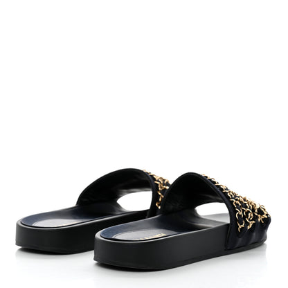 Chanel Satin Canvas Chain Slides Sandals Flats 38 Marine 4 of 9