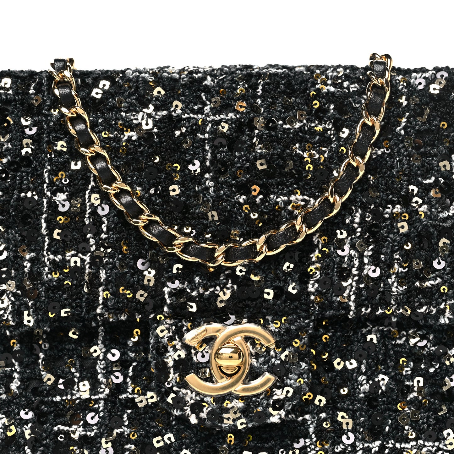 Tweed Sequin Small Single Flap Black Silvery Golden