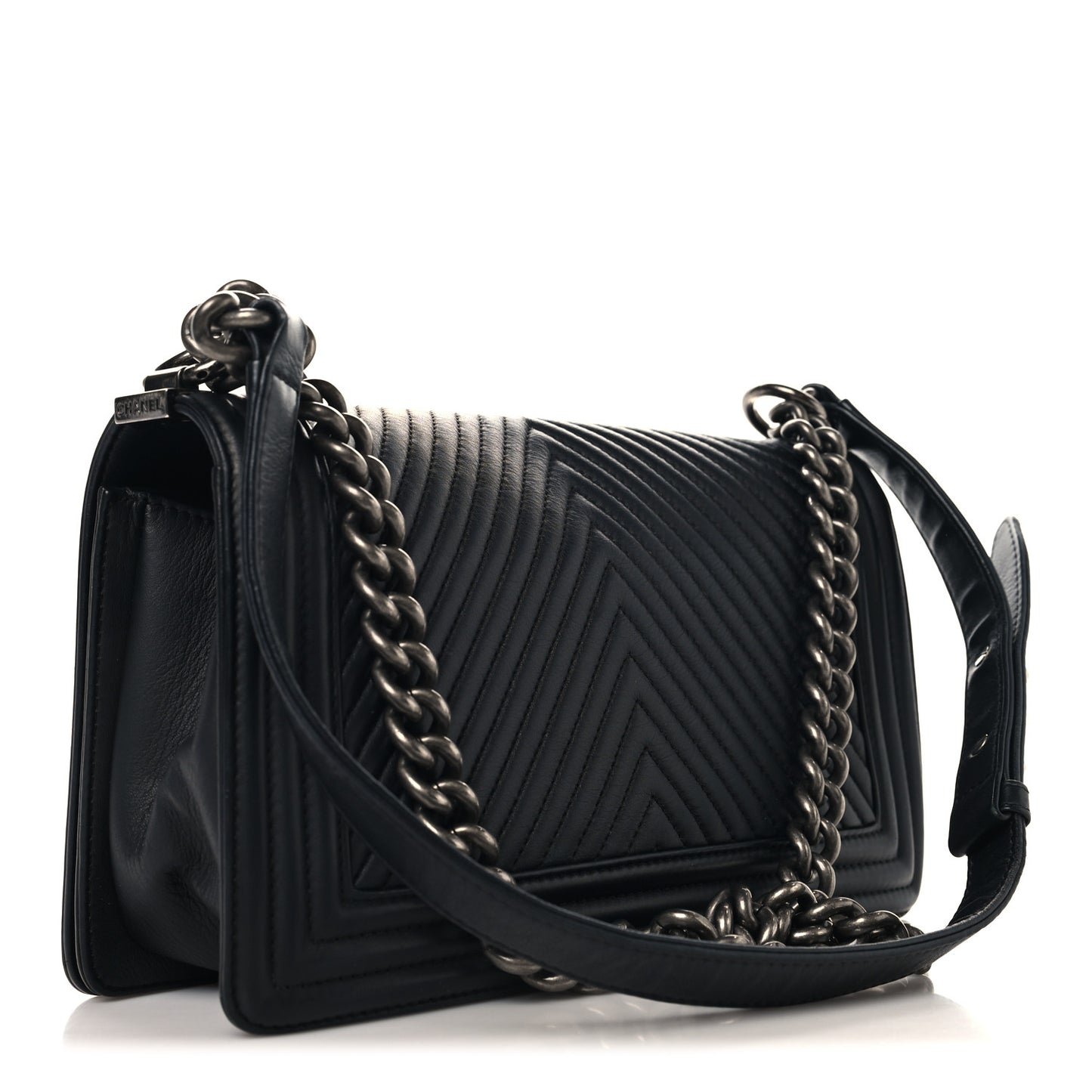 Calfskin Chevron Quilted Medium Chain Boy Flap Black