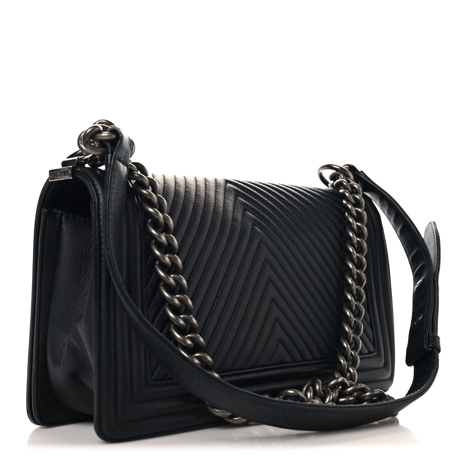 Chanel Calfskin Chevron Quilted Medium Chain Boy Flap Black 3 of 10