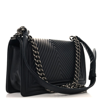 Chanel Calfskin Chevron Quilted Medium Chain Boy Flap Black 3 of 10