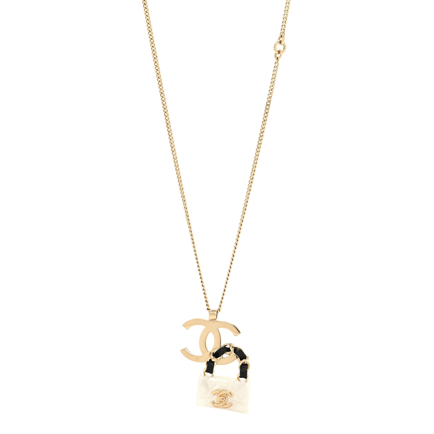 Metal Lambskin Resin CC Flap Bag Necklace Gold Black Pearly White
