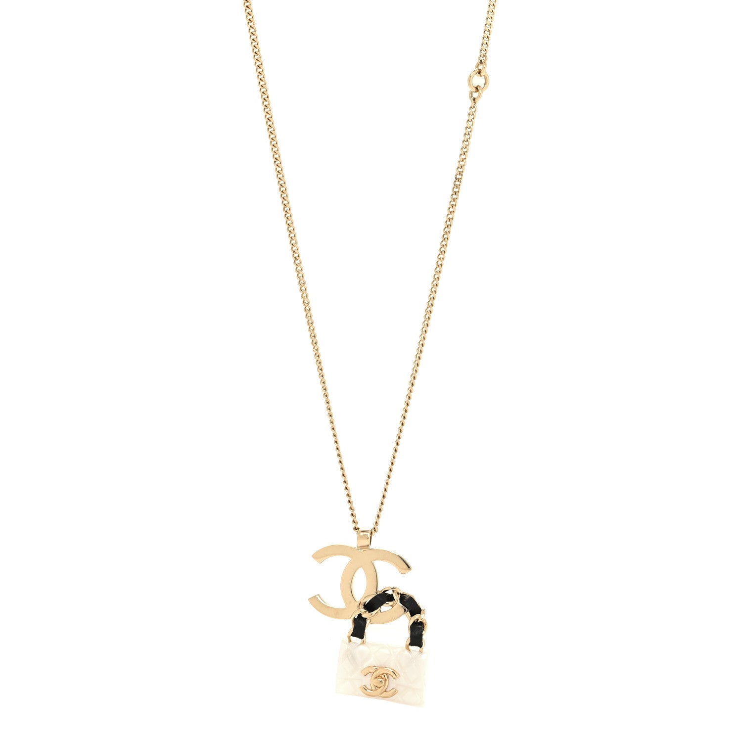 Chanel Metal Lambskin Resin CC Flap Bag Necklace Gold Black Pearly White 1 of 6