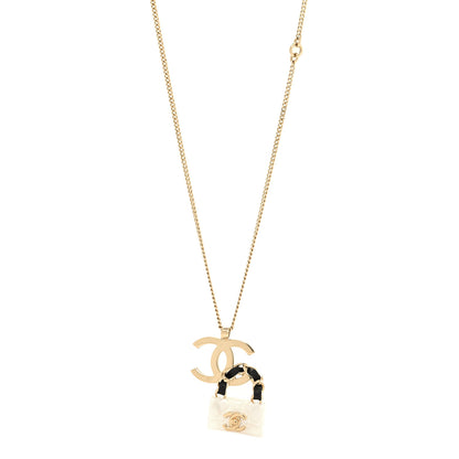 Chanel Metal Lambskin Resin CC Flap Bag Necklace Gold Black Pearly White 1 of 6