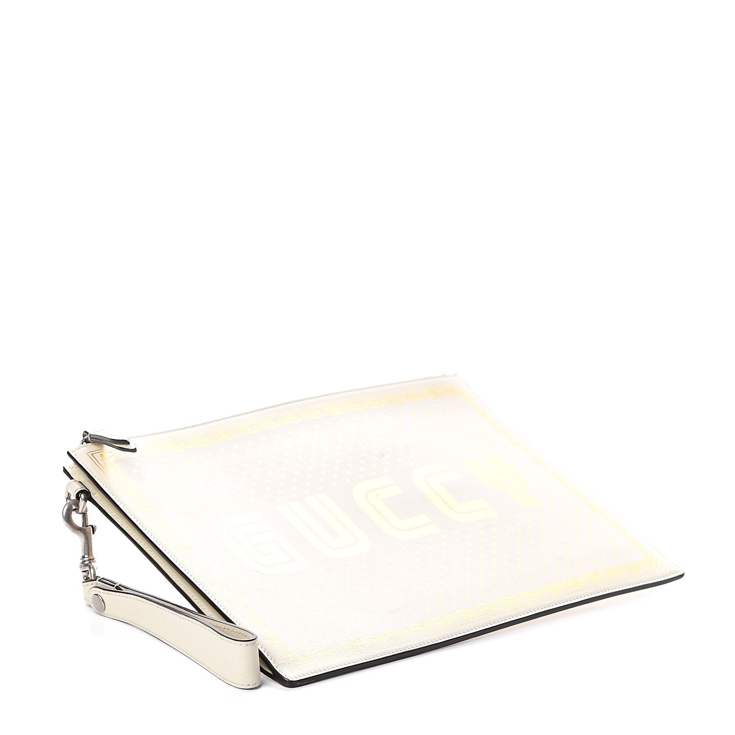 X SEGA Calfskin GUCCY Stars Zip Wristlet Pouch Mystic White Gold