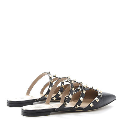 Valentino Garavani Pebbled Calfskin Rockstud Flat Cage Mules 37.5 Black 4 of 9