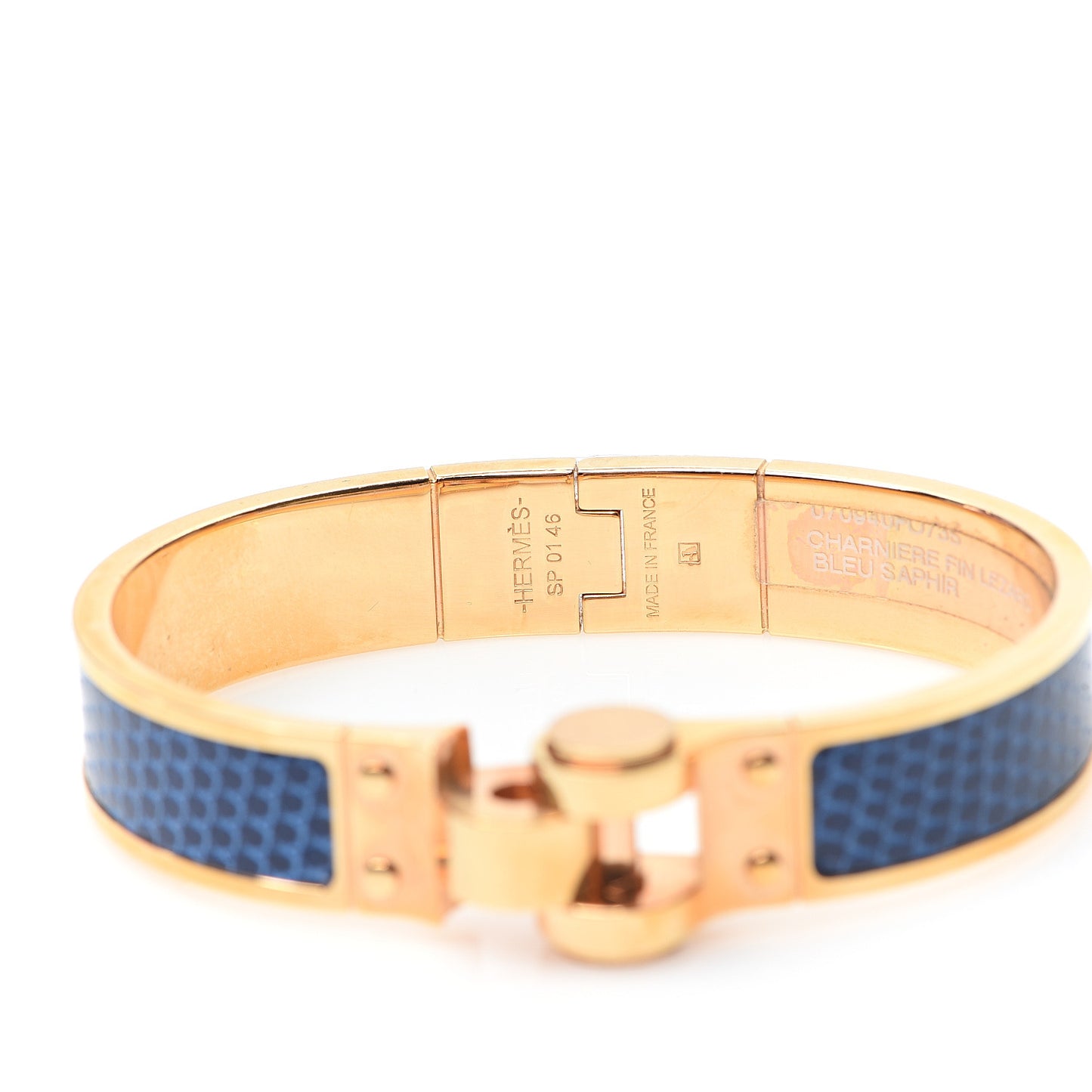 Lizard Charniere Cuir Narrow Hinged Bracelet M Bleu Saphir