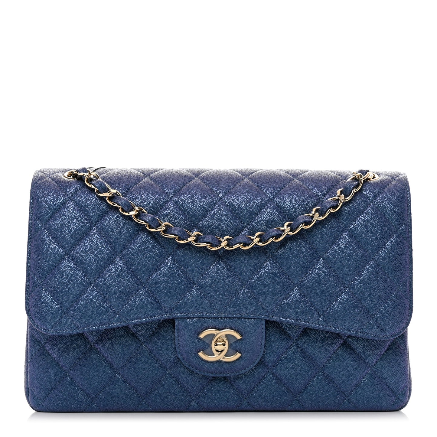 Iridescent Caviar Quilted Jumbo Double Flap Dark Blue