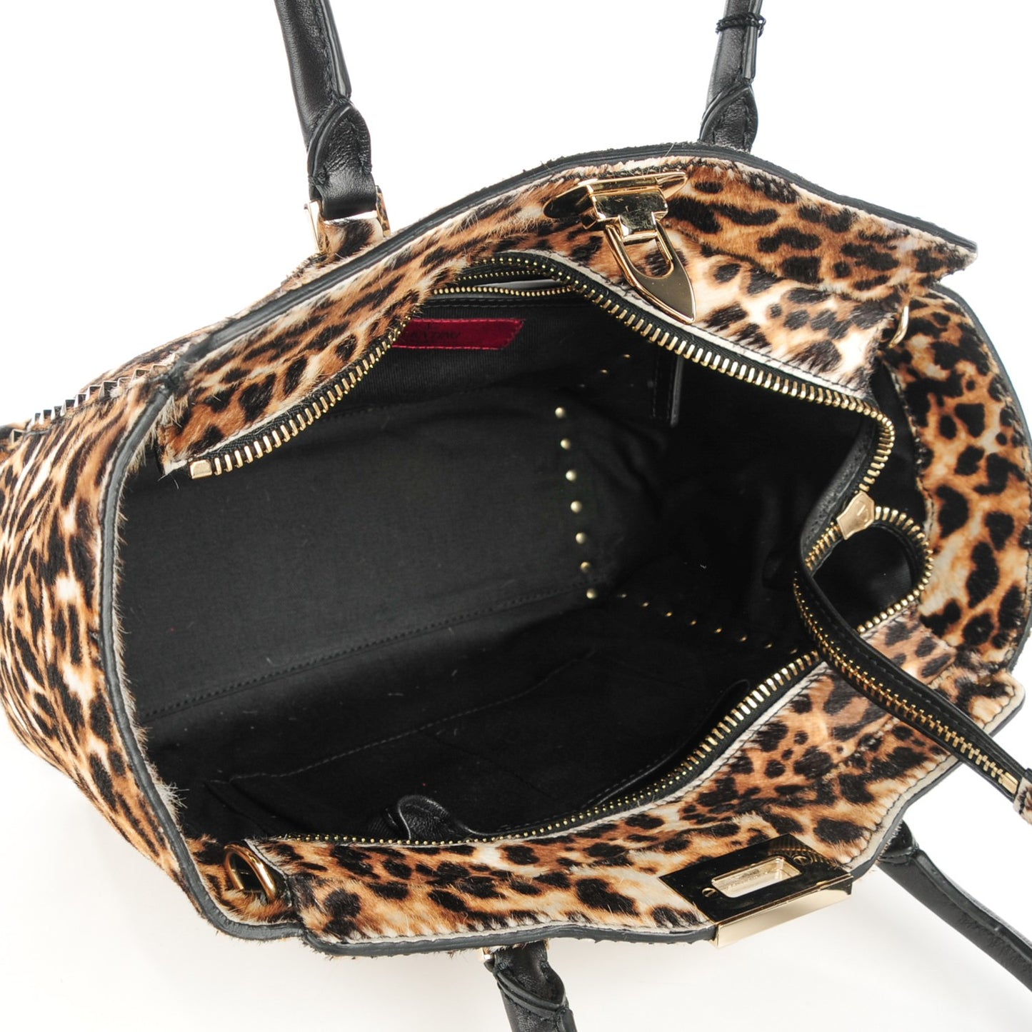 Calf Hair Leopard Print Rockstud Double Handle Tote Leopard