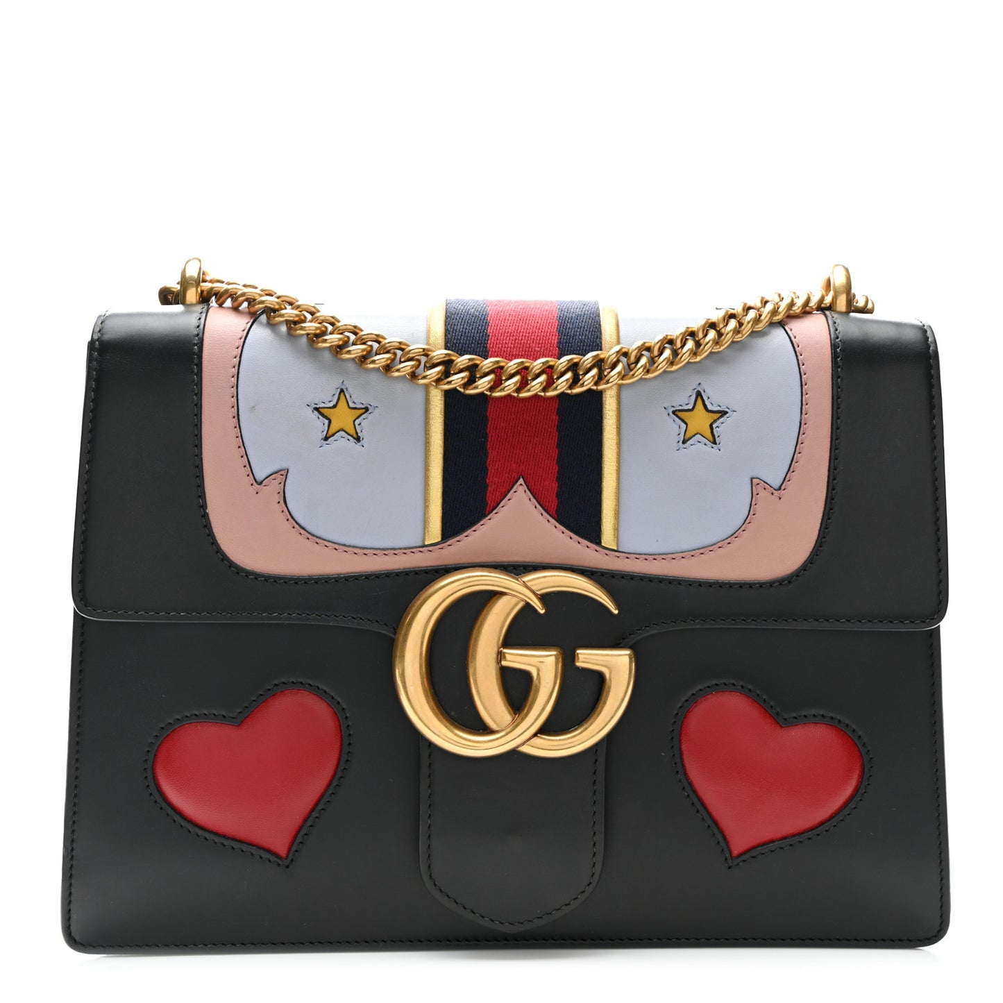 Calfskin Web Heart Medium GG Marmont Chain Handle Bag Black