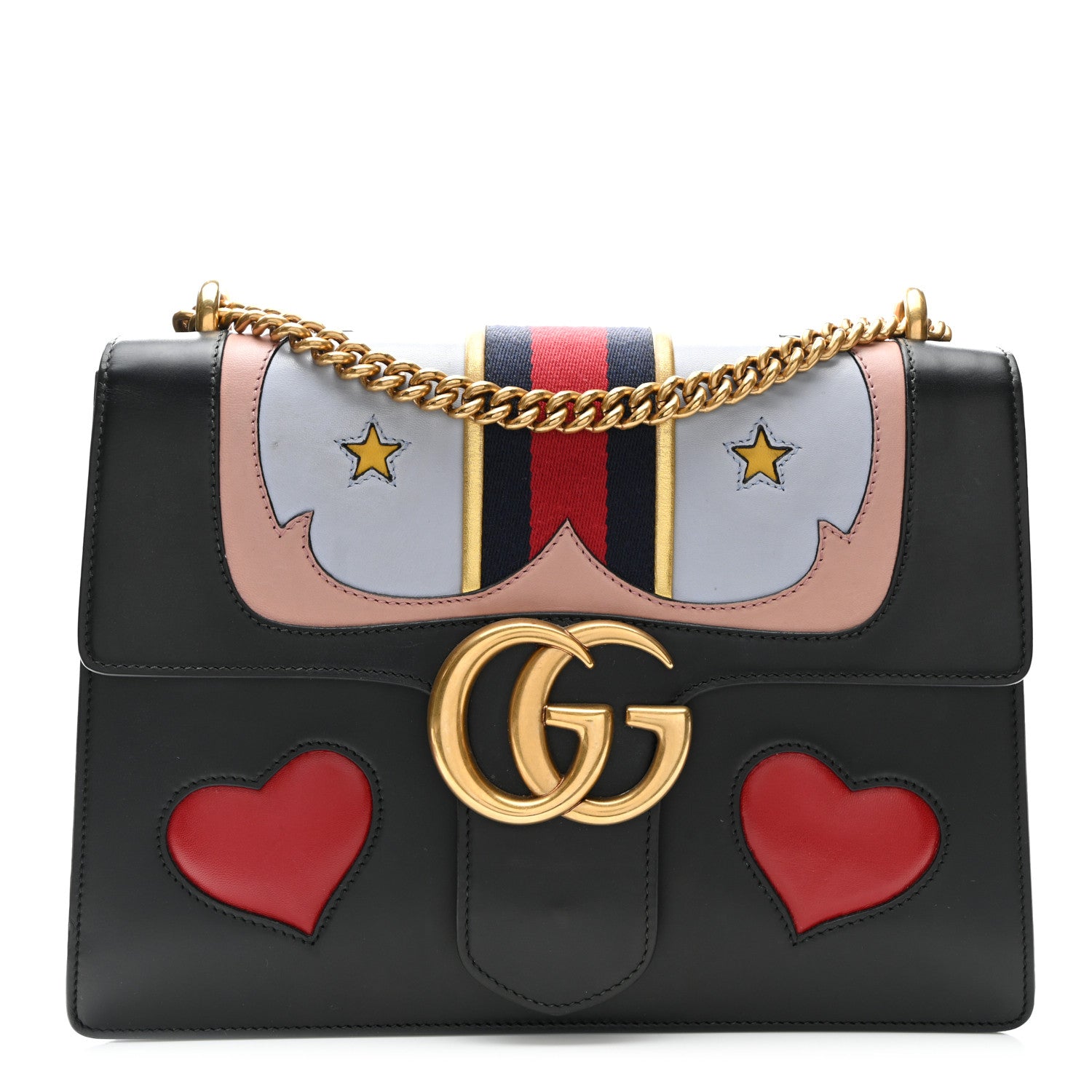 Gucci Calfskin Web Heart Medium GG Marmont Chain Handle Bag Black 1 of 14