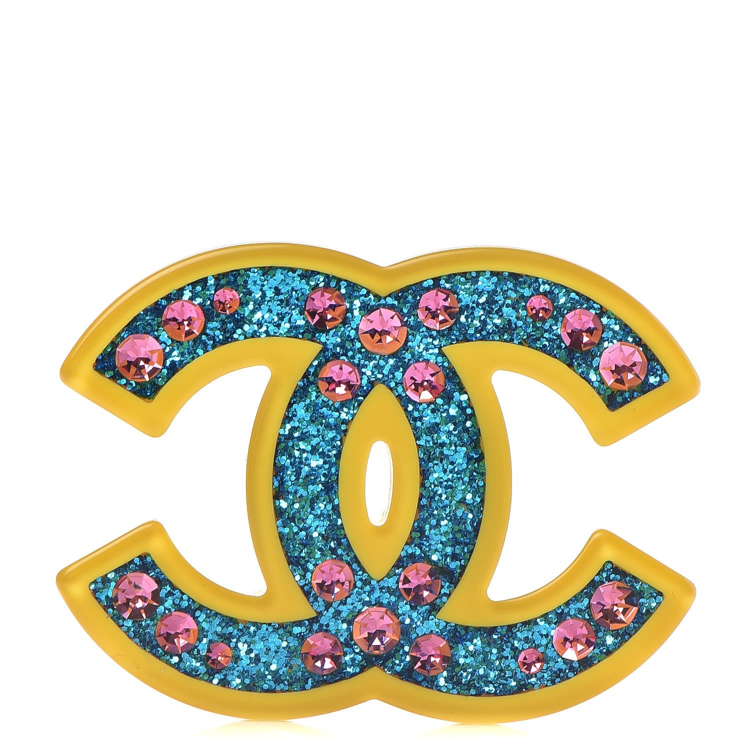 Chanel Resin Glitter Crystal CC Brooch Yellow Blue 1 of 5