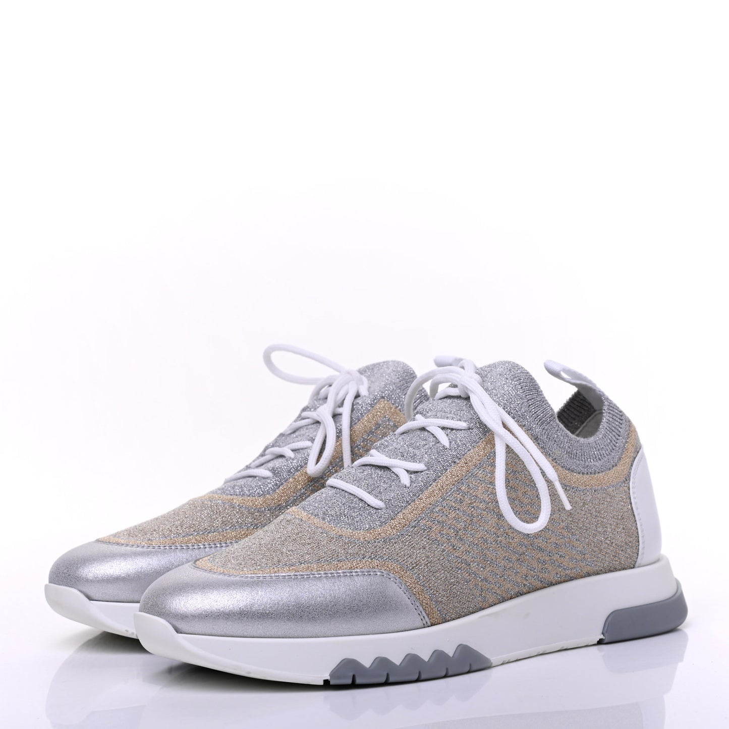 Metallic Knit Calfskin Suede Goatskin Bi-Color Womens Addict Sneakers 37 Multicolor Gris Argent