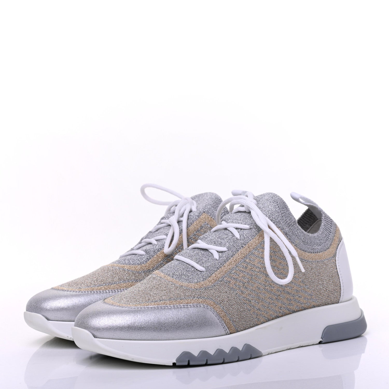 Hermes Metallic Knit Calfskin Suede Goatskin Bi-Color Womens Addict Sneakers 37 Multicolor Gris Argent 3 of 12