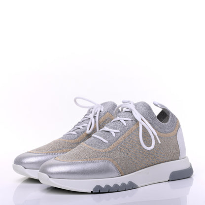 Hermes Metallic Knit Calfskin Suede Goatskin Bi-Color Womens Addict Sneakers 37 Multicolor Gris Argent 3 of 12