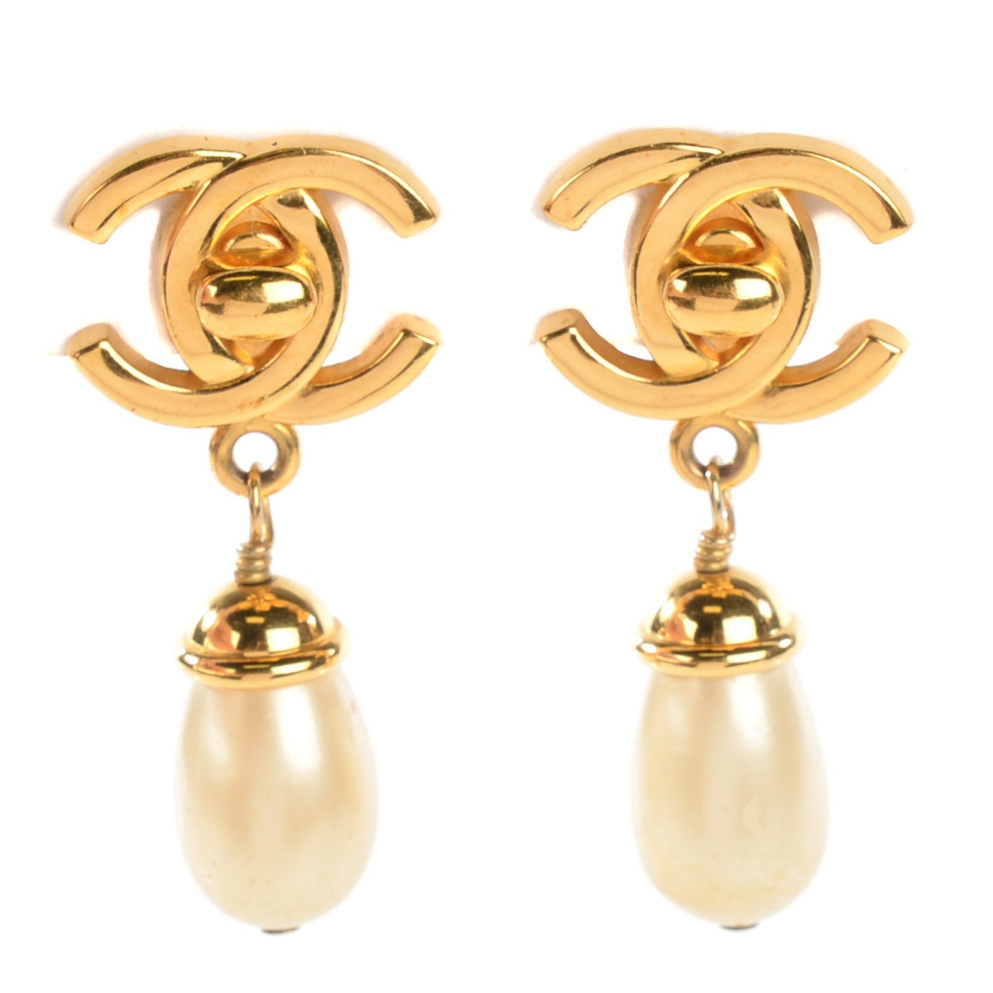 Pearl CC Turnlock Drop Clip On Earrings Gold